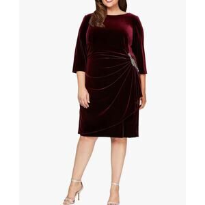 Alex Evenings Velvet Cocktail Sheath Dress w/ beaded detail | Plus 22W Wine Red